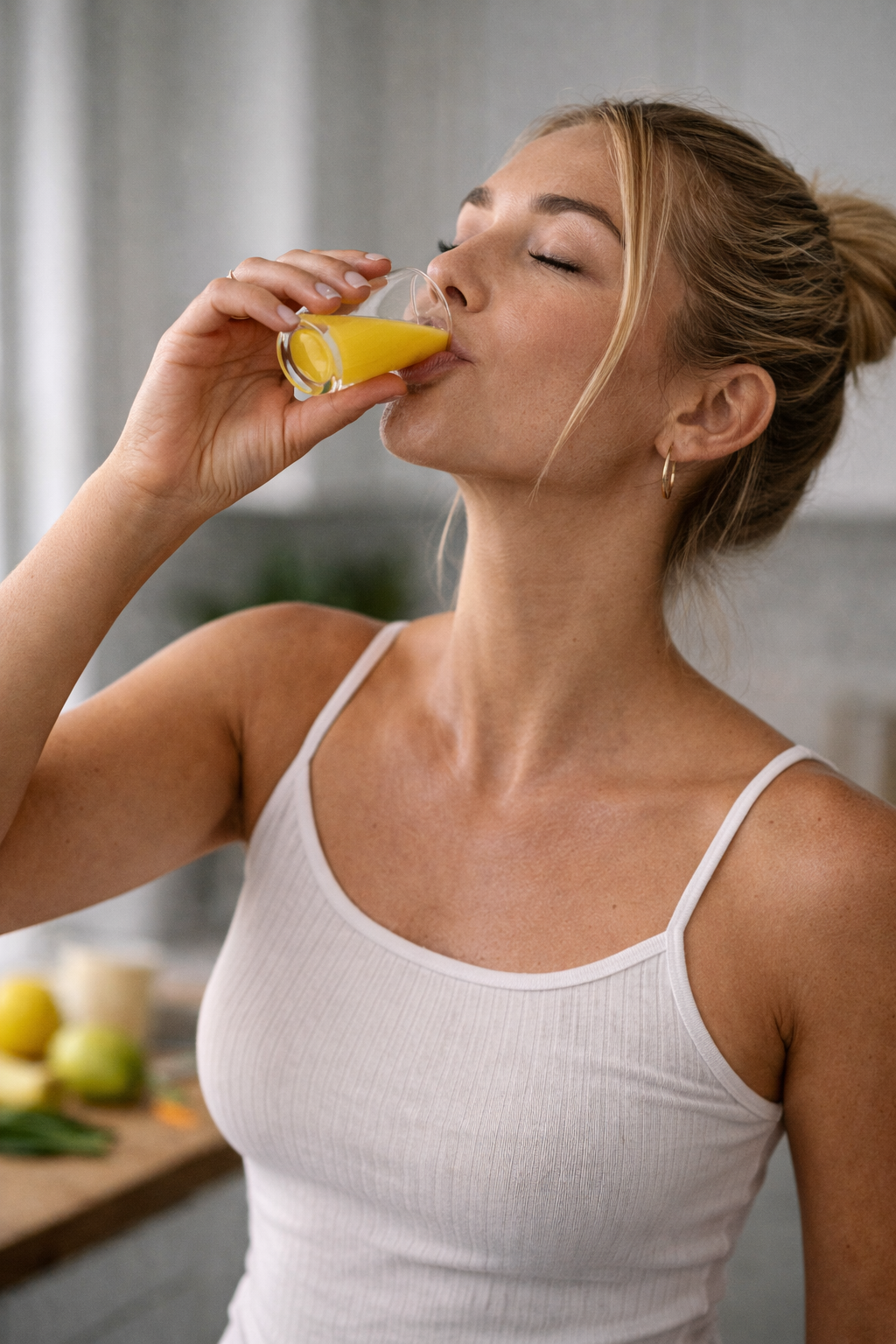 image of woman drinking a ginger shot